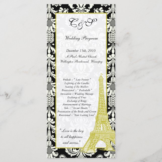 25 Wedding in Paris Black Damask Programs Programme (Front)