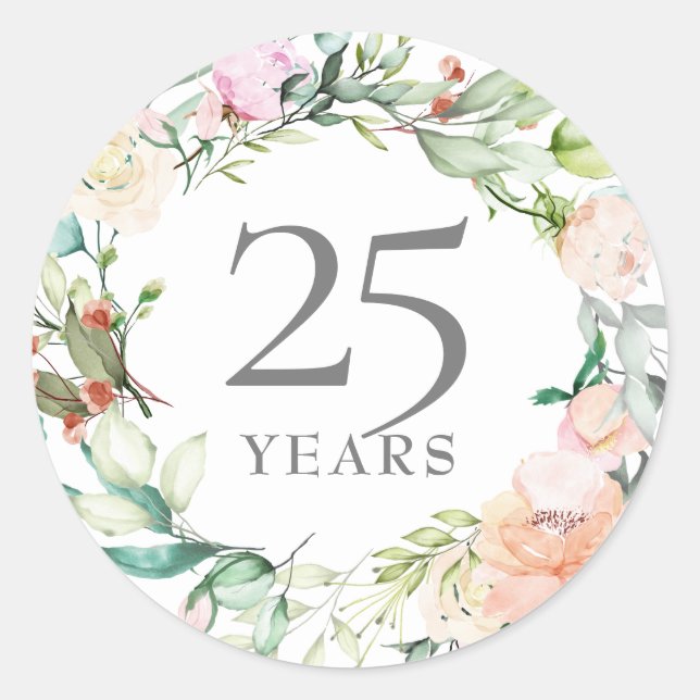 25 Years Silver Wedding Anniversary Floral Roses Classic Round Sticker (Front)
