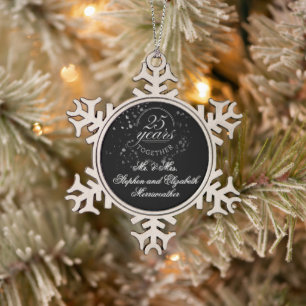 25 Years Together Silver Wedding Anniversary Black Snowflake Pewter Christmas Ornament