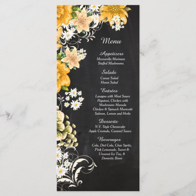 25 Yellow Rose Chalkboard Reception Menu Cards (Front)