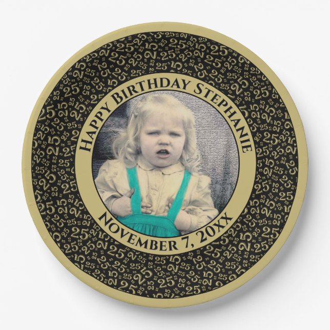 25 Your Photo Random Number Pattern Black/Gold Paper Plate (Front)
