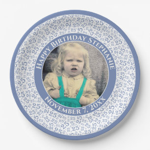 25 Your Photo Random Number Pattern Blue/White Paper Plate