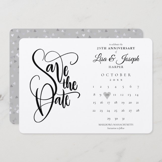25th Anniversary Calendar Heart Silver Metallic Save The Date (Front/Back)