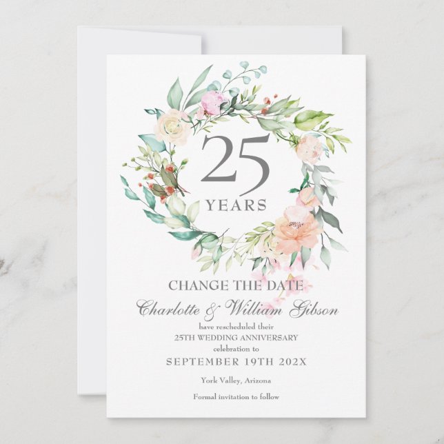25th Anniversary Change the Date Roses Floral  Invitation (Front)