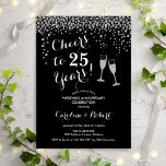 25th Anniversary - Cheers to 25 Years Silver Black Invitation<br><div class="desc">25th wedding anniversary invitation. Cheers to 25 Years! Elegant design in black and silver. Features champagne glasses, script font and confetti. Perfect for a stylish celebration of 25 years of marriage. Printed Zazzle invitations or instant download digital template. Can be customised to show any year! Personalise with your own details....</div>