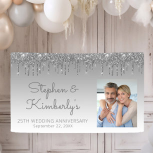 25th Anniversary Custom Photo Silver Glitter Drip Banner