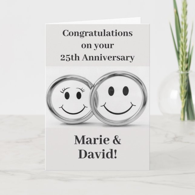 25th Anniversary Cute Silver Wedding Rings Card (Front)