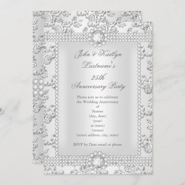 25th Anniversary Diamond Rose Damask Silver long Invitation (Front/Back)