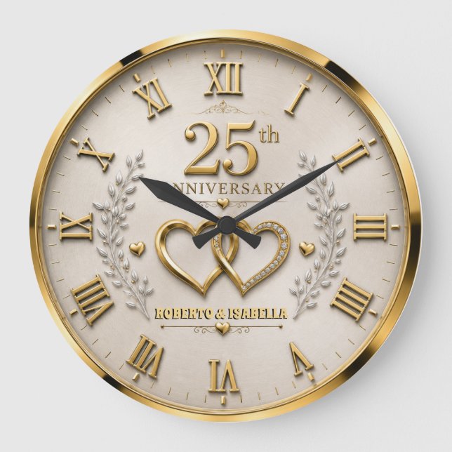 25th Anniversary Elegant Silver & Gold Wedding  Large Clock (Front)