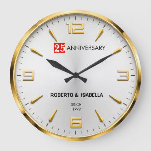 25th Anniversary Elegant Silver & Gold Wedding  Large Clock