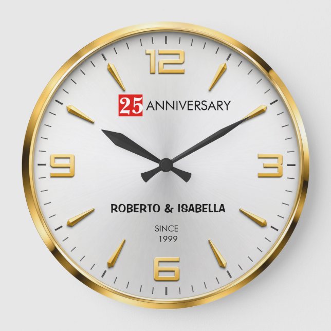 25th Anniversary Elegant Silver & Gold Wedding  Large Clock (Front)
