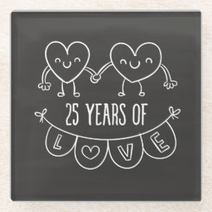 25th Anniversary Gift Chalk Hearts Glass Coaster