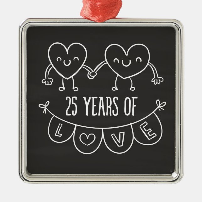25th Anniversary Gift Chalk Hearts Metal Tree Decoration (Front)