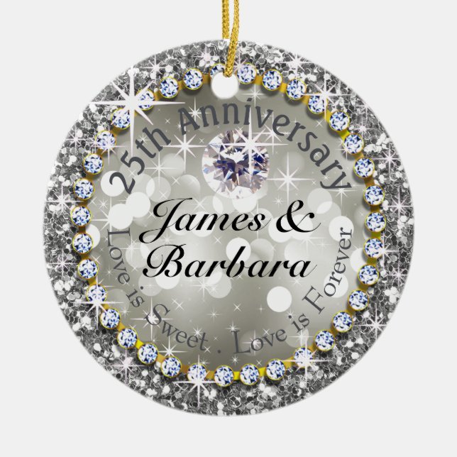 25th Anniversary Glitzy Diamond Bling Ceramic Tree Decoration (Front)