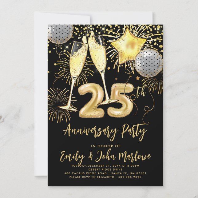 25th Anniversary Gold Glitter Confetti Champagne Invitation (Front)