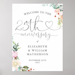 25th Anniversary Heart Script Floral Welcome Sign