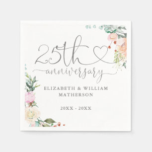 25th Anniversary Heart Script Roses Floral Napkin