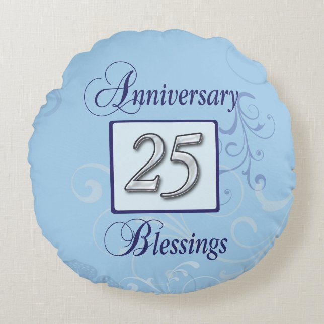 25th Anniversary in Blue and Silver Round Cushion (Front)