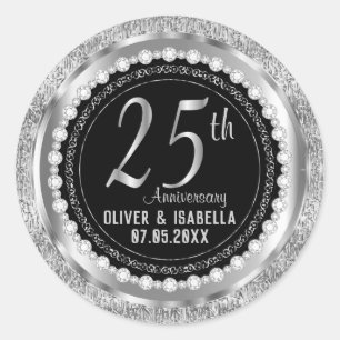 25th Anniversary in Silver Metallic and Black Classic Round Sticker