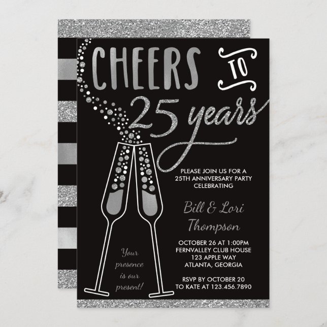 25th Anniversary Invitation, Faux Glitter/Foil Invitation (Front/Back)