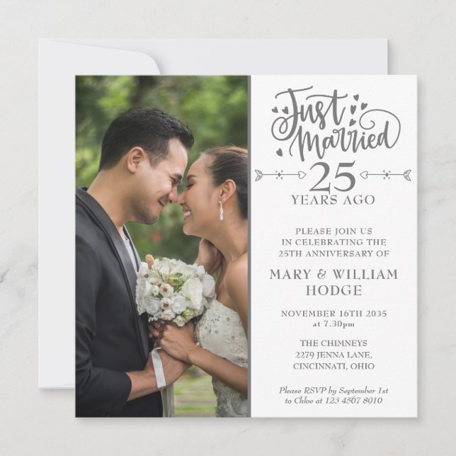25th Anniversary Just Married Wedding Photo Square Invitation (Front)