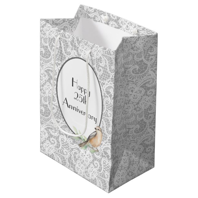 25th Anniversary Lace on Silver Medium Gift Bag (Front Angled)