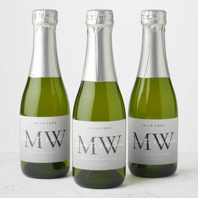 25th Anniversary Monogram Modern Silver Wedding Sparkling Wine Label (Bottles)