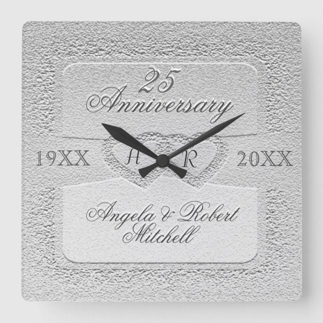 25th Anniversary Monogram Square Wall Clock (Front)