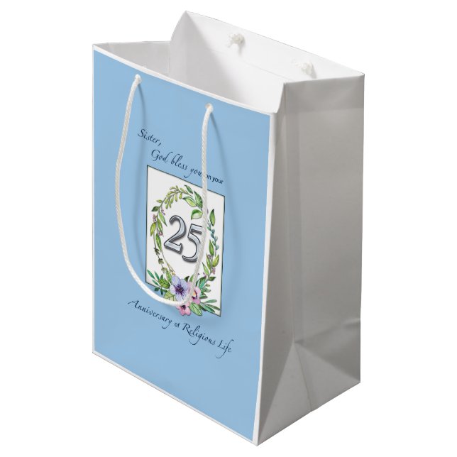 25th Anniversary of Catholic Nun Wreath and Silver Medium Gift Bag (Front Angled)
