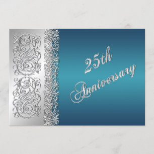 25th Anniversary Ornate Silver Scrolls with Teal Invitation