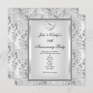 25th Anniversary Party Damask Silver White 2 Invitation