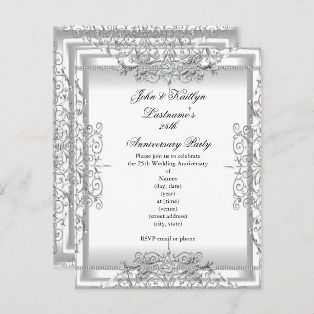 25th Anniversary Party Damask Silver White Invitation (Front/Back)