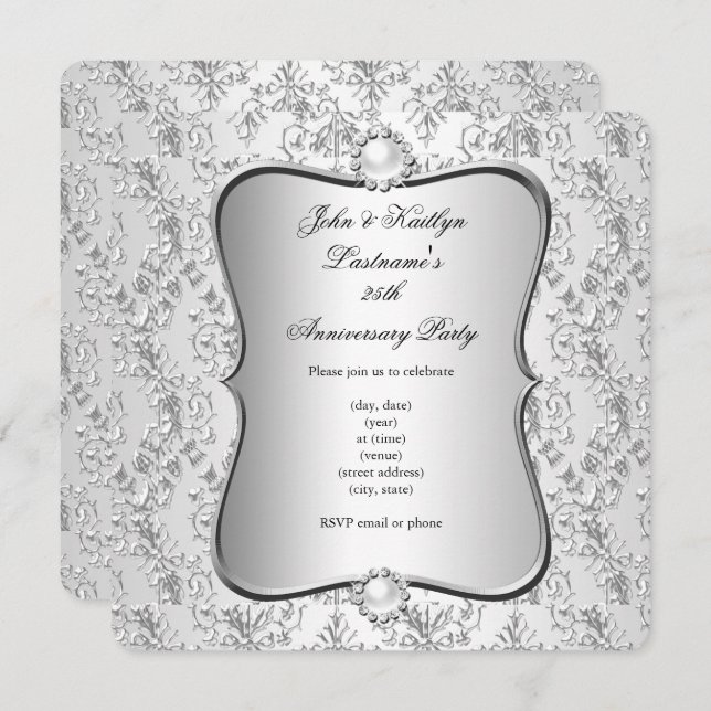 25th Anniversary Party Damask Silver White Invitation (Front/Back)