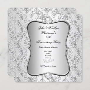 25th Anniversary Party Damask Silver White Invitation