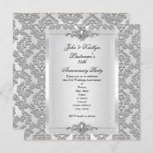 25th Anniversary Party Damask Silver White Invitation