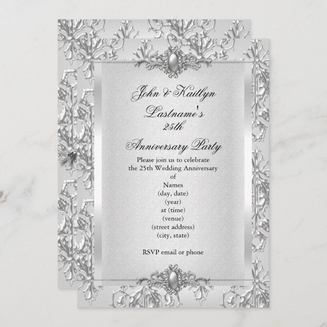 25th Anniversary Party Damask Silver White Small Invitation (Front/Back)