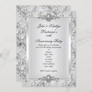 25th Anniversary Party Damask Silver White Small Invitation