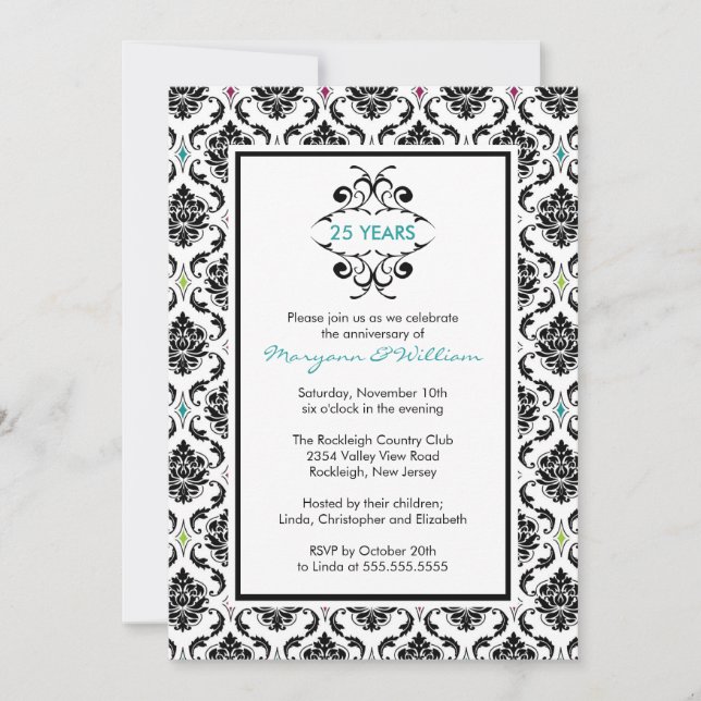 25th Anniversary Party Invitation Black Damask (Front)