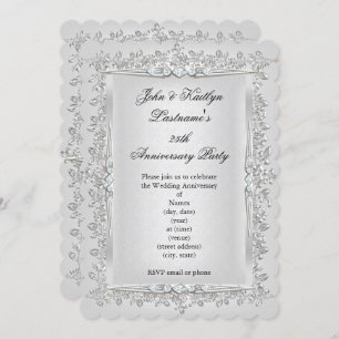 25th Anniversary Party Rose Damask Silver White 2 Invitation