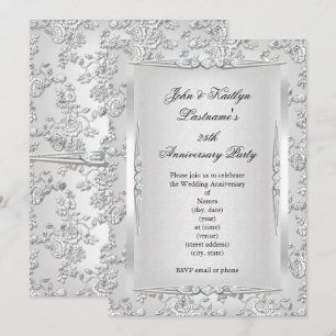 25th Anniversary Party Rose Damask Silver White Invitation