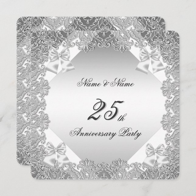 25th Anniversary Party White Silver Lace Invitation (Front/Back)