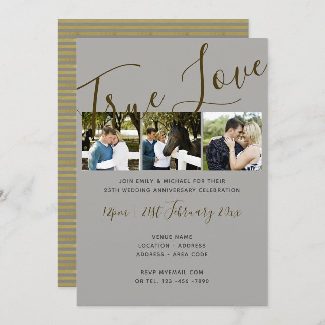 25th Anniversary PHOTO Collage SILVER Wed Invites (Front/Back)