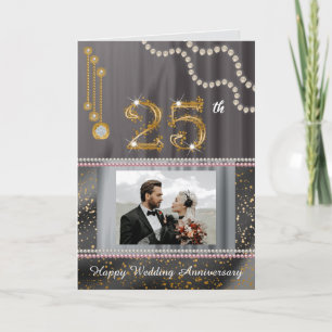 25th Anniversary Photo Greeting  Silver Silk Gold Card