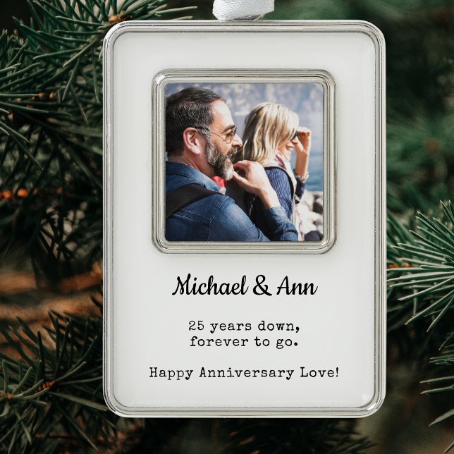 25th  Anniversary Photo Keepsake | Holiday Couple  Silver Plated Framed Ornament (25th Anniversary Photo Christmas Ornament in Modern Minimalist Style, Personalized.)