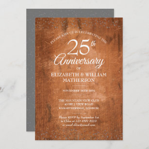 25th Anniversary Rustic Wood Boho Silver Stardust  Invitation