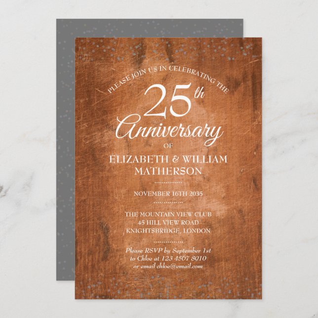 25th Anniversary Rustic Wood Boho Silver Stardust  Invitation (Front/Back)