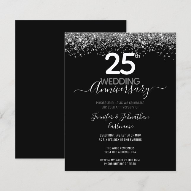 25th Anniversary Silver Glitter Budget Invitations (Front/Back)
