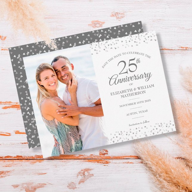 25th Anniversary Silver Hearts Save the Date Photo Announcement Postcard (Creator Uploaded)