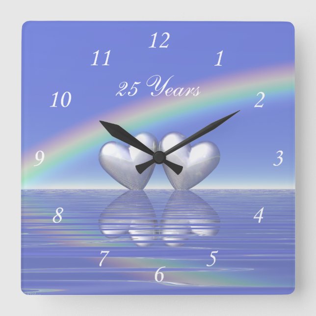 25th Anniversary Silver Hearts Square Wall Clock (Front)