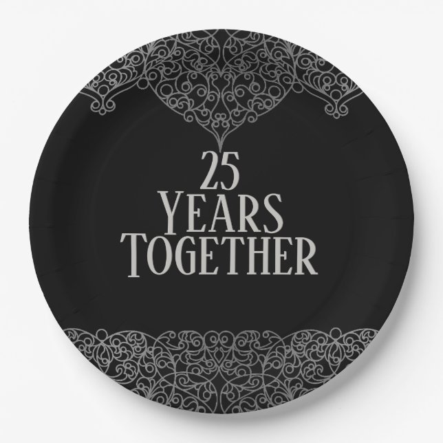 25th Anniversary Silver Lace On Black  Paper Plate (Front)